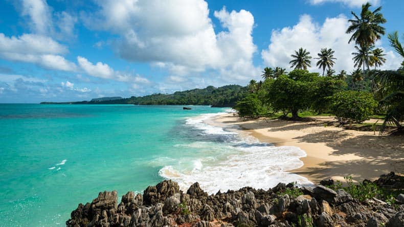 Von Palmen umsäumt, der wunderschöne Strand Playa Rincón auf der Halbinsel Samaná in der Dominikanischen Republik.