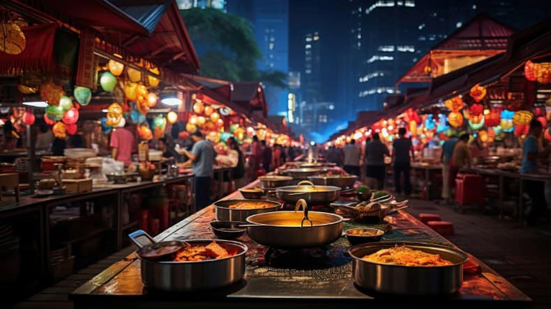 Blick auf einen Nachtmarkt in Bangkok