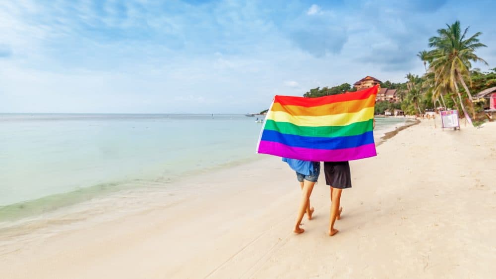 Blick auf zwei Personen, die an einem Palmenstrand entlang laufen und eine Pride-Fahne in Regenbogenfarben hochhalten