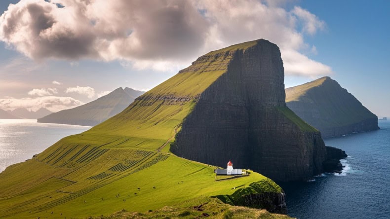 Blick auf den Kullar Leuchtturm, Färöer Inseln