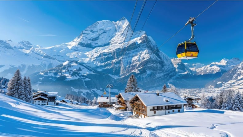 Eiger-Express-Seilbahn, Winterdorf Grindelwald und majestätisches Wetterhorn, Schweiz