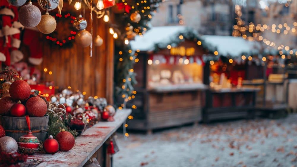 Weihnachtlich dekorierte Hütten auf einem Weihnachtsmarkt, Lichterketten