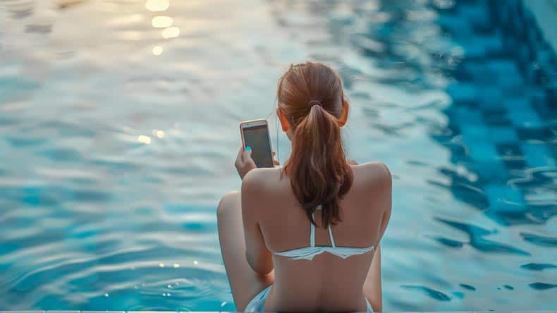 Frau am Pool mit Handy