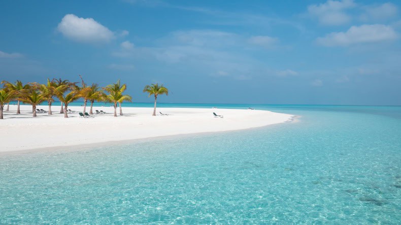 Blick auf eine Sandbank mit Kokospalmen und türkisfarbenes Meer, Meeru Maldives Resort Island, Malediven, Indischer Ozean